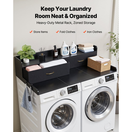 Πάγκος Πλυντηρίου-Στεγνωτηρίου VEVOR με Ράφι, Ξύλινο Επικάλυμμα Πλυντηρίου-Στεγνωτηρίου 137 x 69,9 cm με 2 Συρτάρια & Γάντζους, Επικάλυμμα Πλυντηρίου Ρούχων για Ντουλάπα Πλυντηρίου, Οργάνωση και Αποθήκευση, Μαύρο