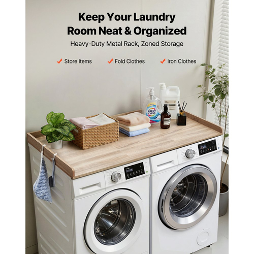 Πάγκος Πλυντηρίου-Στεγνωτηρίου VEVOR, Ξύλινη Επιφάνεια Πλυντηρίου-Στεγνωτηρίου 137 x 69,9 cm με Άκρη & 2 Γάντζους, Αδιάβροχη Επιφάνεια Πλυντηρίου Ρούχων για Οργάνωση και Αποθήκευση Ντουλάπας Πλυντηρίου, Δρυς