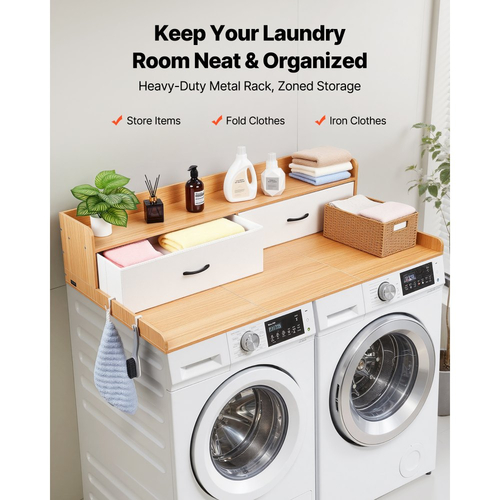 Πάγκος Πλυντηρίου-Στεγνωτηρίου VEVOR με Ράφι, Ξύλινο Επικάλυμμα Πλυντηρίου-Στεγνωτηρίου 137x69,9cm με 2 Συρτάρια & 2 Γάντζους, Επικάλυμμα Πλυντηρίου Ρούχων για Ντουλάπα Πλυντηρίου, Οργάνωση & Αποθήκευση Πάγκου Ντουλάπας, Burlywood