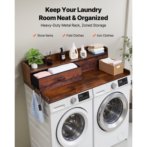 Πάγκος Πλυντηρίου-Στεγνωτηρίου VEVOR με Ράφι, Ξύλινο Επικάλυμμα Πλυντηρίου-Στεγνωτηρίου 137 x 69,9 cm με 2 Συρτάρια & Γάντζους, Επικάλυμμα Πλυντηρίου Ρούχων για Ντουλάπα Πλυντηρίου, Οργάνωση και Αποθήκευση Πάγκου Ντουλάπας, Καφέ