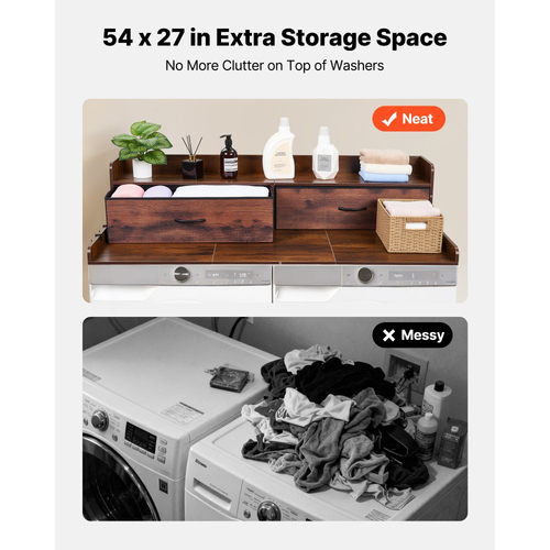 Πάγκος Πλυντηρίου-Στεγνωτηρίου VEVOR με Ράφι, Ξύλινο Επικάλυμμα Πλυντηρίου-Στεγνωτηρίου 137 x 69,9 cm με 2 Συρτάρια & Γάντζους, Επικάλυμμα Πλυντηρίου Ρούχων για Ντουλάπα Πλυντηρίου, Οργάνωση και Αποθήκευση Πάγκου Ντουλάπας, Καφέ