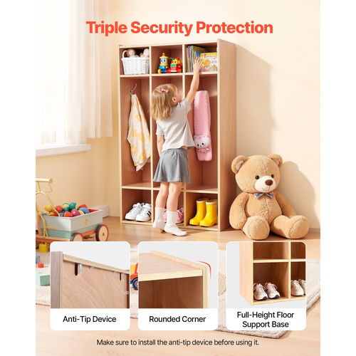 VEVOR Παιδική Ντουλάπα Ρούχων 3 Τμημάτων, Ξύλινη Ντουλάπα Αποθήκευσης για Νήπια με 6 Γάντζους & Αντιολισθητικό Χαλί, Μοντέρνες Παιδικές Ντουλάπες Ρούχων με 6 Μικρά Ανοιχτά Κουτιά Αποθήκευσης για Σπίτι, Νηπιαγωγείο, Παιδικό Σταθμό, Φυσικό