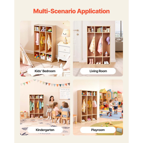 VEVOR Παιδική Ντουλάπα Ρούχων 3 Τμημάτων, Ξύλινη Ντουλάπα Αποθήκευσης για Νήπια με 6 Γάντζους & Αντιολισθητικό Χαλί, Μοντέρνες Παιδικές Ντουλάπες Ρούχων με 6 Μικρά Ανοιχτά Κουτιά Αποθήκευσης για Σπίτι, Νηπιαγωγείο, Παιδικό Σταθμό, Φυσικό