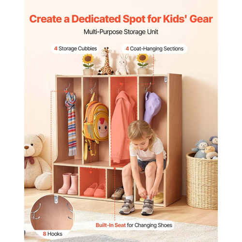 VEVOR Παιδική Ντουλάπα Ρούχων 4 Τμημάτων, Ξύλινη Ντουλάπα Αποθήκευσης για Νήπια με 8 Γάντζους & Αντιολισθητικό Χαλί, Μοντέρνες Παιδικές Ντουλάπες Ρούχων με 4 Μικρά Ανοιχτά Κουτιά Αποθήκευσης για Σπίτι, Νηπιαγωγείο, Παιδικό Σταθμό, Φυσικό
