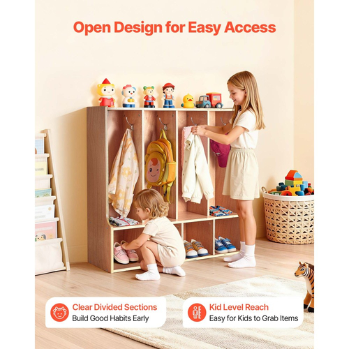 VEVOR Παιδική Ντουλάπα Ρούχων 4 Τμημάτων, Ξύλινη Ντουλάπα Αποθήκευσης για Νήπια με 8 Γάντζους & Αντιολισθητικό Χαλί, Μοντέρνες Παιδικές Ντουλάπες Ρούχων με 4 Μικρά Ανοιχτά Κουτιά Αποθήκευσης για Σπίτι, Νηπιαγωγείο, Παιδικό Σταθμό, Φυσικό