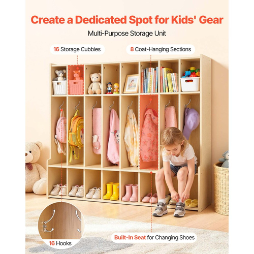 VEVOR Παιδική Ντουλάπα Ρούχων 8 Τμημάτων, Ξύλινη Οργάνωση Αποθήκευσης Ρούχων για Νήπια με 16 Γάντζους & Κιτ Αντιανατροπής, Μοντέρνες Παιδικές Ντουλάπες Ρούχων με 16 Μικρά Ανοιχτά Κουτιά Αποθήκευσης για Σπίτι, Νηπιαγωγείο, Παιδικό Σταθμό, Φυσικό