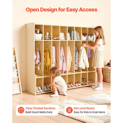 VEVOR Παιδική Ντουλάπα Ρούχων 8 Τμημάτων, Ξύλινη Οργάνωση Αποθήκευσης Ρούχων για Νήπια με 16 Γάντζους & Κιτ Αντιανατροπής, Μοντέρνες Παιδικές Ντουλάπες Ρούχων με 16 Μικρά Ανοιχτά Κουτιά Αποθήκευσης για Σπίτι, Νηπιαγωγείο, Παιδικό Σταθμό, Φυσικό