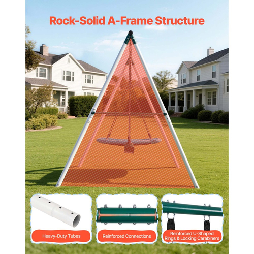 Σετ κούνιας VEVOR για αυλή, κάθισμα κούνιας 110 x 80 cm και δύο καθίσματα με ζώνη, με μεταλλική βάση σε σχήμα Α βαρέως τύπου, ικανότητα φορτίου 318 kg, ενισχυμένο με σπειροειδείς άγκυρες εδάφους, κούνια εξωτερικού χώρου για παιδιά
