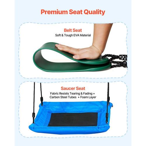 Σετ κούνιας VEVOR για αυλή, κάθισμα κούνιας 110 x 80 cm και δύο καθίσματα με ζώνη, με μεταλλική βάση σε σχήμα Α βαρέως τύπου, ικανότητα φορτίου 318 kg, ενισχυμένο με σπειροειδείς άγκυρες εδάφους, κούνια εξωτερικού χώρου για παιδιά