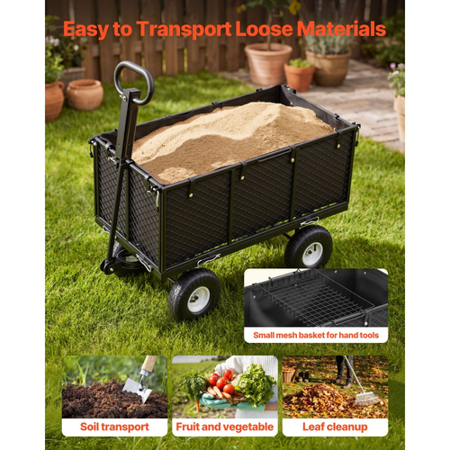 Καρότσι κήπου VEVOR, 544,3 kg, Χειροκίνητο καρότσι βαρέως τύπου από χάλυβα, Καρότσι μεταφοράς εξωτερικού χώρου με ελαστικά 10 ιντσών, Ρυθμιζόμενη λαβή, Αποσπώμενα πλαϊνά πάνελ, Σύνδεση σε ATV ή τρακτέρ, Μαύρο