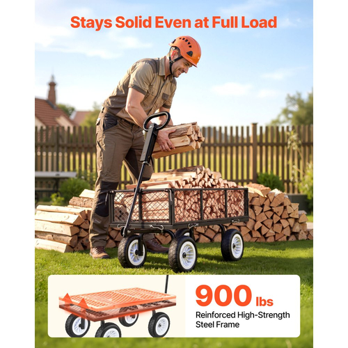 Καρότσι κήπου VEVOR, 408,2 kg, Βαρύ χαλύβδινο καρότσι κήπου και αυλής με ελαστικά 10 ιντσών, Σκαμπό κηπουρικής εξωτερικού χώρου με ρυθμιζόμενη λαβή, Αποσπώμενα πλαϊνά πάνελ, Σύνδεση σε ATV ή τρακτέρ, Μαύρο