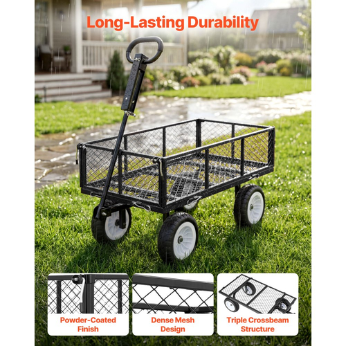 Καρότσι κήπου VEVOR, 408,2 kg, Βαρύ χαλύβδινο καρότσι κήπου και αυλής με ελαστικά 10 ιντσών, Σκαμπό κηπουρικής εξωτερικού χώρου με ρυθμιζόμενη λαβή, Αποσπώμενα πλαϊνά πάνελ, Σύνδεση σε ATV ή τρακτέρ, Μαύρο