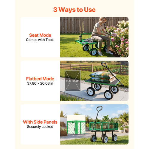 Καρότσι κήπου VEVOR με κάθισμα, 226,8 kg, Κάθισμα εργασίας κήπου από χάλυβα με ρόδες, Σκαμπό κηπουρικής βαρέως τύπου, με δίσκο εργαλείων και ρυθμιζόμενη λαβή, Καρότσι εξωτερικού χώρου, για γκαζόν, βεράντα, αυλή, πράσινο