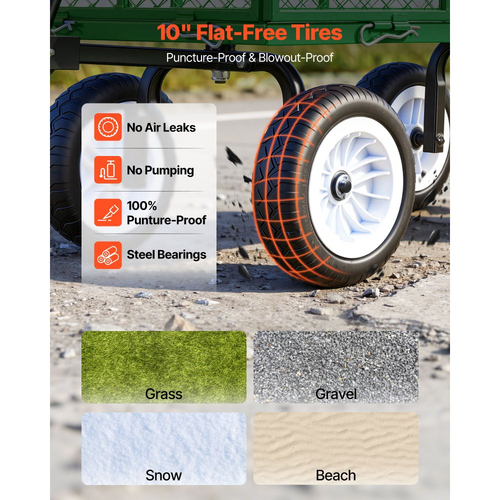 Καρότσι κήπου VEVOR, 408,2 kg, Βαρύ χαλύβδινο καρότσι κήπου και βοηθητικού εξοπλισμού με ελαστικά 10 ιντσών, Σκαμπό κηπουρικής εξωτερικού χώρου με ρυθμιζόμενη λαβή, Αποσπώμενα πλαϊνά πάνελ, Σύνδεση σε ATV ή τρακτέρ, Πράσινο