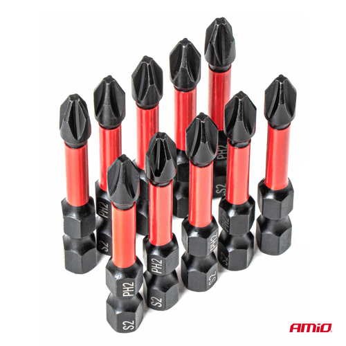 Amio – Μύτες Στρέψης Torsion PH2 HEX 1/4" 50mm Heavy Duty για Σταθερή Τοποθέτηση Εργαλείου & Καθημερινή Χρήση – Σετ 10 Τεμ. (04784/AM)
