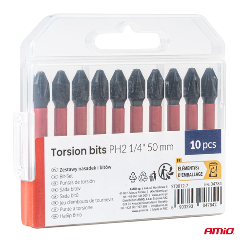 Amio – Μύτες Στρέψης Torsion PH2 HEX 1/4" 50mm Heavy Duty για Σταθερή Τοποθέτηση Εργαλείου & Καθημερινή Χρήση – Σετ 10 Τεμ. (04784/AM)