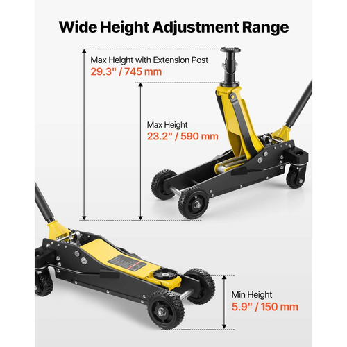 Γρύλος δαπέδου VEVOR, Χωρητικότητα 3 τόνων, Αλουμινένιος & Χαλύβδινος αγωνιστικός γρύλος δαπέδου με διπλά έμβολα, αντλία γρήγορης ανύψωσης και στύλο επέκτασης, Υδραυλικός ανυψωτήρας τρόλεϊ για SUV, Pick-up, φορτηγά, Εύρος ανύψωσης 150-745 mm