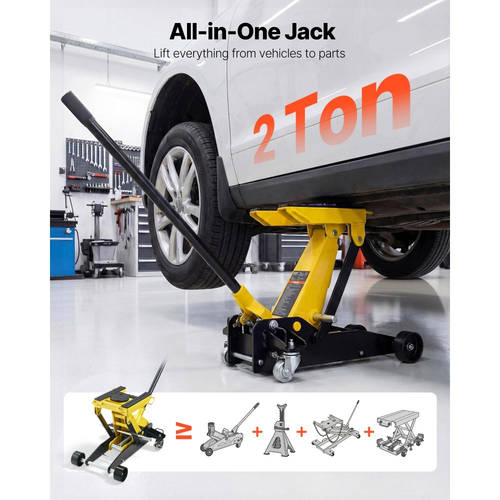 Γρύλος δαπέδου χαμηλού προφίλ VEVOR, χωρητικότητας 2 τόνων, ατσάλινος αγωνιστικός γρύλος δαπέδου με αντλία γρήγορης ανύψωσης μονού εμβόλου και τροχούς, υδραυλικός ανυψωτήρας τρόλεϊ για αυτοκίνητα, μοτοσικλέτες, ATV, εύρος ανύψωσης 150-435 mm