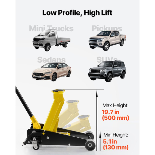 Γρύλος δαπέδου χαμηλού προφίλ VEVOR, χωρητικότητας 3 τόνων, ατσάλινος αγωνιστικός γρύλος δαπέδου με αντλία γρήγορης ανύψωσης μονού εμβόλου και ποδοκίνητο πεντάλ, υδραυλικός ανυψωτήρας τρόλεϊ για sedan, SUV, φορτηγάκια, εύρος ανύψωσης 130-500 mm
