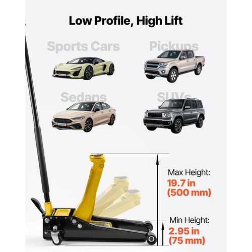 Γρύλος δαπέδου χαμηλού προφίλ VEVOR, χωρητικότητας 3 τόνων, ατσάλινος αγωνιστικός γρύλος δαπέδου με αντλία γρήγορης ανύψωσης διπλών εμβόλων και προσαρμογέα SUV, υδραυλικός ανυψωτήρας τρόλεϊ για σπορ αυτοκίνητα, φορτηγάκια, εύρος ανύψωσης 75-500 mm