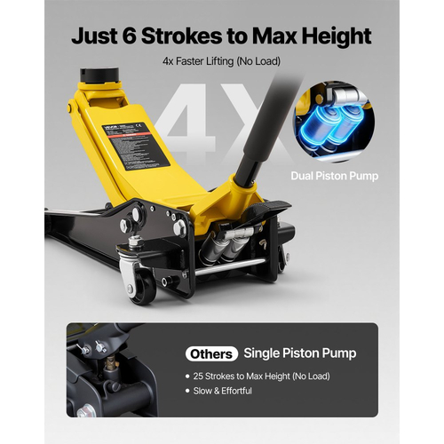 Γρύλος δαπέδου χαμηλού προφίλ VEVOR, χωρητικότητας 3 τόνων, ατσάλινος αγωνιστικός γρύλος δαπέδου με αντλία γρήγορης ανύψωσης διπλών εμβόλων και προσαρμογέα SUV, υδραυλικός ανυψωτήρας τρόλεϊ για σπορ αυτοκίνητα, φορτηγάκια, εύρος ανύψωσης 75-500 mm