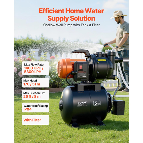 Αντλία ρηχού φρεατίου VEVOR 1100W με δεξαμενή πίεσης, 5300 LPH, Αντλία Jet άρδευσης με δεξαμενή 19 λίτρων, φίλτρο, βαλβίδα αντεπιστροφής, αυτόματο σύστημα ενίσχυσης νερού, διακόπτης πίεσης 1,4-2,8 bar, για γκαζόν σπιτιού, κήπου