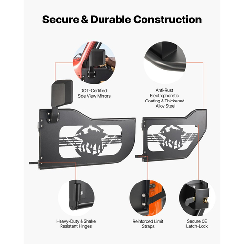 Πόρτες VEVOR Jeep Tube, 4θυρες, κατάλληλες για Jeep Wrangler JL 2018-2026 & Gladiator JT 2020-2026, Μισές σωληνωτές πόρτες Off Road με μοτίβο Soldier, μπροστινές και πίσω σωληνωτές μισές πόρτες με πιστοποιημένους πλευρικούς καθρέφτες DOT και λαστιχένια μαξιλαράκια.