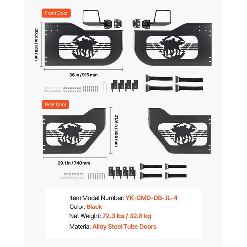 Πόρτες VEVOR Jeep Tube, 4θυρες, κατάλληλες για Jeep Wrangler JL 2018-2026 & Gladiator JT 2020-2026, Μισές σωληνωτές πόρτες Off Road με μοτίβο Soldier, μπροστινές και πίσω σωληνωτές μισές πόρτες με πιστοποιημένους πλευρικούς καθρέφτες DOT και λαστιχένια μαξιλαράκια.