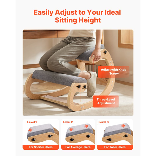 Εργονομική καρέκλα γονατίσματος VEVOR, ξύλινη καρέκλα γονατίσματος με ρυθμιζόμενα μαξιλάρια αφρού και μασίφ ξύλινο πλαίσιο, ρυθμιζόμενο ύψος, ανακούφιση από πόνο στον αυχένα ή την πλάτη για το σπίτι, το γραφείο ή τον διαλογισμό, γκρι