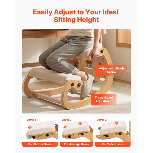 Εργονομική καρέκλα γονατίσματος VEVOR, ξύλινη καρέκλα γονατίσματος με ρυθμιζόμενα μαξιλάρια από χοντρό αφρό, πλάτη και ξύλινο πλαίσιο, ρυθμιζόμενο ύψος, ανακούφιση από πόνο στον αυχένα ή την πλάτη για το σπίτι, το γραφείο ή τον διαλογισμό