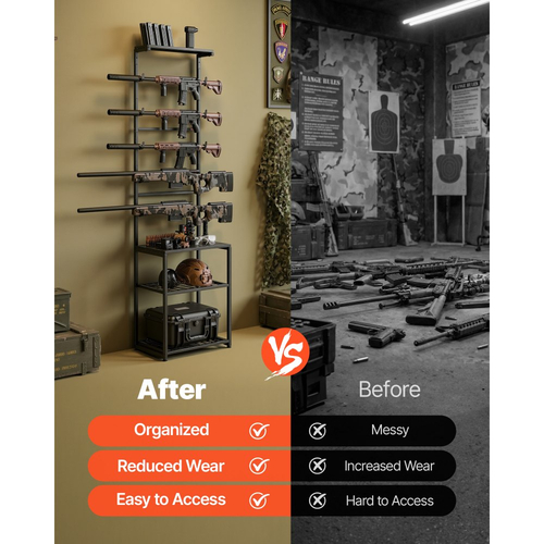 Βάση όπλων VEVOR, Επιδαπέδια, Εσωτερική βάση για όπλα κυνηγετικού όπλου με ράφι αποθήκευσης, για επιτοίχια βάση επίδειξης όπλων, Χωρητικότητα έως 5 τυφέκια, Ανθεκτικής αντοχής χάλυβας, για αποθήκευση μακριών όπλων στο σπίτι, γκαράζ, κυνήγι