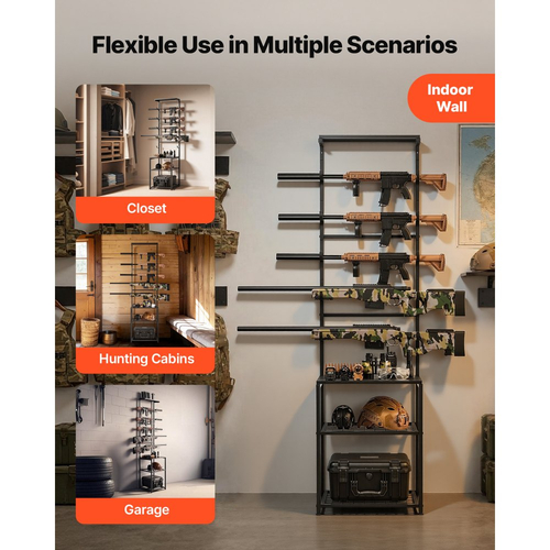 Βάση όπλων VEVOR, Επιδαπέδια, Εσωτερική βάση για όπλα κυνηγετικού όπλου με ράφι αποθήκευσης, για επιτοίχια βάση επίδειξης όπλων, Χωρητικότητα έως 5 τυφέκια, Ανθεκτικής αντοχής χάλυβας, για αποθήκευση μακριών όπλων στο σπίτι, γκαράζ, κυνήγι