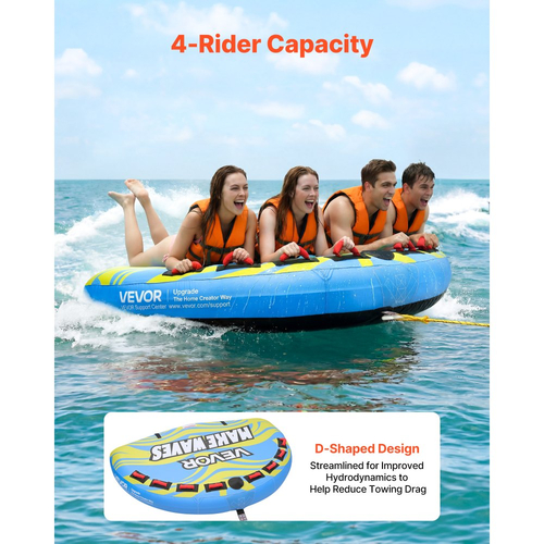 Ρυμουλκούμενος σωλήνας VEVOR για βαρκάδα, Φουσκωτοί σωλήνες σκάφους και ρυμουλκούμενα για 4 αναβάτες, Χωρητικότητα 308 kg Ρυμουλκούμενος σωλήνας για έλξη σκάφους για θαλάσσια σπορ - με πτερύγια, πλήρες νάιλον κάλυμμα, επενδυμένες λαβές και βαλβίδα ασφαλείας