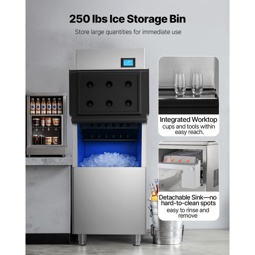 Επαγγελματική παγομηχανή VEVOR, παγομηχανή 163 KG/24H με μεγάλο κάδο αποθήκευσης 113 KG, αυτόματος αυτοκαθαριζόμενος παγομηχανή με οθόνη αφής για μπαρ, καφέ, εστιατόριο, επιχειρήσεις, εμπορικές
