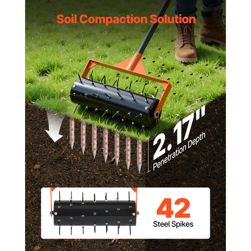 Αεριστήρας γκαζόν VEVOR με ρολό, κύλινδρος αερισμού χειροκίνητης ώθησης 15 ιντσών με 42 αιχμές και μακριά λαβή 60 ιντσών, τύμπανο με δυνατότητα πλήρωσης για πρόσθετο βάρος, διεισδυτής εδάφους γκαζόν βαρέως τύπου για συμπιεσμένα εδάφη κήπου και αυλής