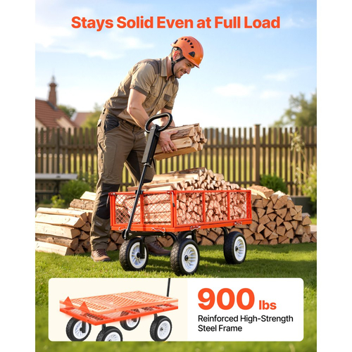 Καρότσι κήπου VEVOR, 408,2 kg, Βαρύ χαλύβδινο καρότσι κήπου και αυλής με ελαστικά 10 ιντσών, Σκαμπό κηπουρικής εξωτερικού χώρου με ρυθμιζόμενη λαβή, Αποσπώμενα πλαϊνά πάνελ, Σύνδεση σε ATV ή τρακτέρ, Κόκκινο
