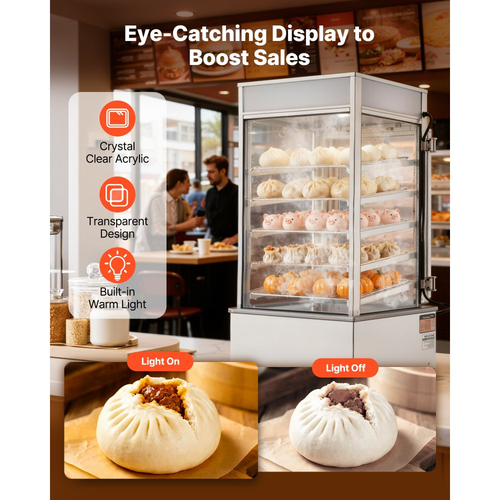 Θερμαντήρας φαγητού VEVOR 5 επιπέδων, Θερμαντήρας φαγητού 1200W με φως LED, ρυθμιζόμενο ράφι και πλαίσιο από ανοξείδωτο ατσάλι, θέρμανση με ατμό 30℃~110℃, 120L για χάμπουργκερ, πίτσα, ψωμί, τηγανητό κοτόπουλο