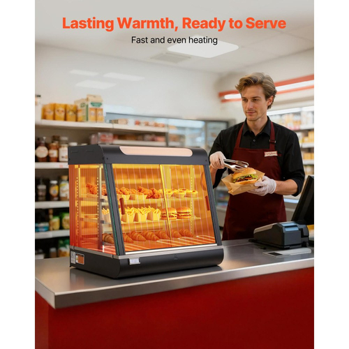 Θερμαντήρας φαγητού VEVOR 3 επιπέδων, 1200W με φωτισμό LED, αποθηκευτικό χώρο στο πάνω μέρος και ρυθμιζόμενα ράφια, θέρμανση με ατμό 30-85℃, 106Qt/100L για χάμπουργκερ, πίτσα, ψωμί, τηγανητό κοτόπουλο
