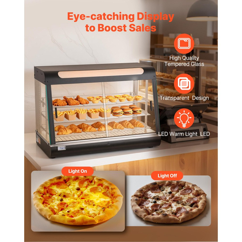 Θερμαντήρας φαγητού VEVOR 3 επιπέδων, 1400W με φωτισμό LED, αποθηκευτικό χώρο στο πάνω μέρος και ρυθμιζόμενα ράφια, θέρμανση με ατμό 30-85℃, 137Qt/130L για χάμπουργκερ, πίτσα, ψωμί, τηγανητό κοτόπουλο