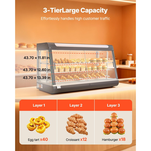 Θερμαντήρας φαγητού VEVOR 3 επιπέδων, 1600W με φωτισμό LED, αποθηκευτικό χώρο στο πάνω μέρος και ρυθμιζόμενα ράφια, θέρμανση με ατμό 30-85℃, 190Qt/180L για χάμπουργκερ, πίτσα, ψωμί, τηγανητό κοτόπουλο
