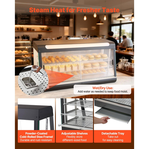 Θερμαντήρας φαγητού VEVOR 3 επιπέδων, 1600W με φωτισμό LED, αποθηκευτικό χώρο στο πάνω μέρος και ρυθμιζόμενα ράφια, θέρμανση με ατμό 30-85℃, 190Qt/180L για χάμπουργκερ, πίτσα, ψωμί, τηγανητό κοτόπουλο