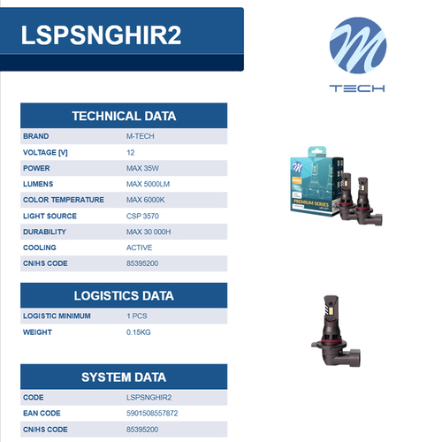 M-Tech - Λάμπες LED H15 τύπου Premium Smart Series με Canbus και CSP3570, τάση λειτουργίας 12V, ισχύ έως 35W, φωτεινότητα έως 5000lm και χρώμα 6000K, για φανάρια με προτζέκτορα - 2 τεμ. (LSPSNGHIR2/MT)