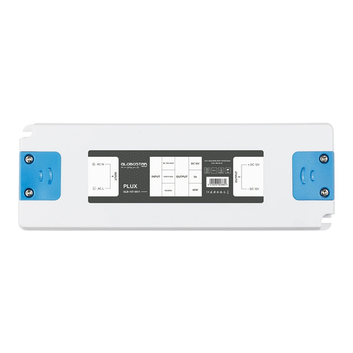 GLOBOSTAR® PLUX GLB-107-0011 Τροφοδοτικό/Μετασχηματιστής Class II SELV 60W 5A AC 220-240V σε DC 12V IP20 - Λευκό Ματ - Μ18.5 x Π6.4 x Υ2.2cm - 3 Χρόνια Εγγύηση