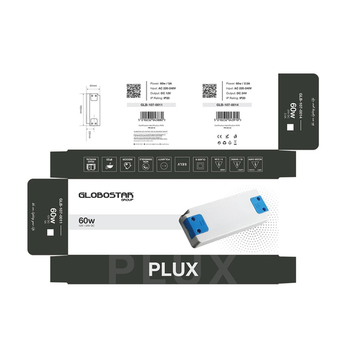 GLOBOSTAR® PLUX GLB-107-0014 Τροφοδοτικό/Μετασχηματιστής Class II SELV 60W 2.5A AC 220-240V σε DC 24V IP20 - Λευκό Ματ - Μ18.5 x Π6.4 x Υ2.2cm - 3 Χρόνια Εγγύηση