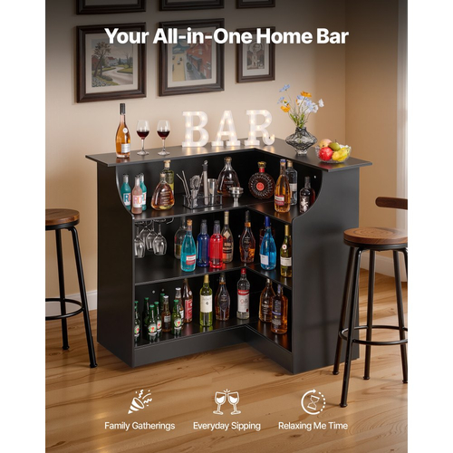 Μονάδα Μπαρ VEVOR Home, Τραπέζι Μπαρ Κρασιού σε Σχήμα L, 4 Επίπεδα με Ράφια Αποθήκευσης, Θήκη Ποτηριών Κρασιού, Μέγιστη Χωρητικότητα 136 kg, Ξύλινο Ντουλάπι Ποτών για Σπίτι, Κουζίνα, Σαλόνι, Παμπ, Υπόγειο, Μαύρο