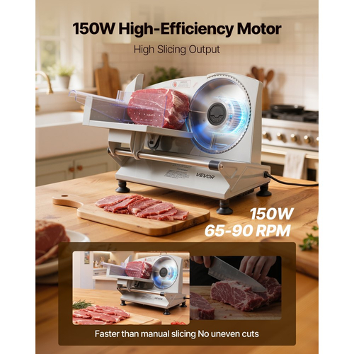 Κόφτης Κρέατος VEVOR, Ηλεκτρικός Κόφτης Deli 150W με Κοφτερή Λεπίδα 170 mm, Οικιακός Κόφτης Κρέατος με Ταχύτητα Κοπής 65-90 Σ.Α.Λ., Ρυθμιζόμενο Πάχος 0-15 mm, για Κατεψυγμένο Κρέας, Ζαμπόν, Μπαγκέτα & Prime Steak