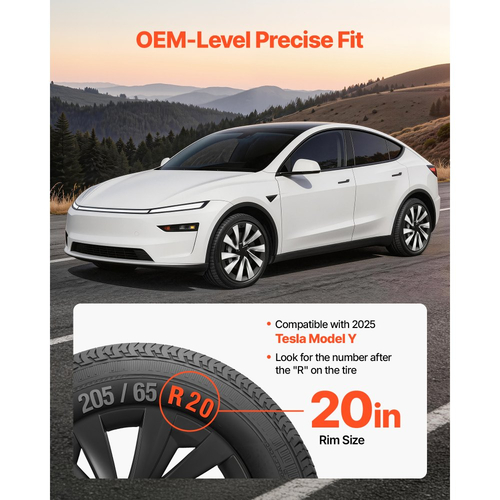 Καλύμματα τροχών VEVOR για Tesla Model Y 2025, Σετ 20 ιντσών με καλύμματα τροχών 4 τροχών, αντικατάσταση OEM, καλύμματα τροχών αυτοκινήτου με κούμπωμα μεγέθους R20, ανθεκτικά καλύμματα ζαντών ελαστικών ABS 10 ακτίνων, ματ μαύρο
