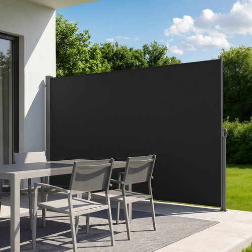 Πτυσσόμενη πλαϊνή τέντα VEVOR, 180x300 cm Πτυσσόμενη πλαϊνή τέντα βεράντας με ύφασμα πολυεστέρα 180 g/m², αδιάβροχη τέντα προστασίας προσωπικών δεδομένων εξωτερικού χώρου για κήπο, μπαλκόνι, πισίνες, βεράντα, μαύρη