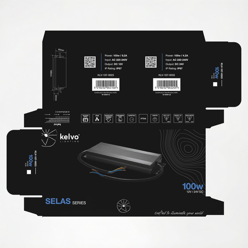 kelvo® SELAS KLV-107-0033 Τροφοδοτικό/Μετασχηματιστής Class I PELV 100W 4.2A AC 220-240V σε DC 24V Αδιάβροχο IP67 - Γκρι Ανθρακί Ματ - Μ18.9 x Π6.5 x Υ2.2cm - 5 Χρόνια Εγγύηση