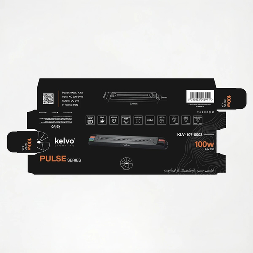 kelvo® PULSE KLV-107-0003 Ultra Slim Τροφοδοτικό/Μετασχηματιστής Class I PELV 100W 4.1A AC 220-240V σε DC 24V IP20 - Γκρι Ανθρακί Ματ - Μ23 x Π2.6 x Υ2.4cm - 5 Χρόνια Εγγύηση